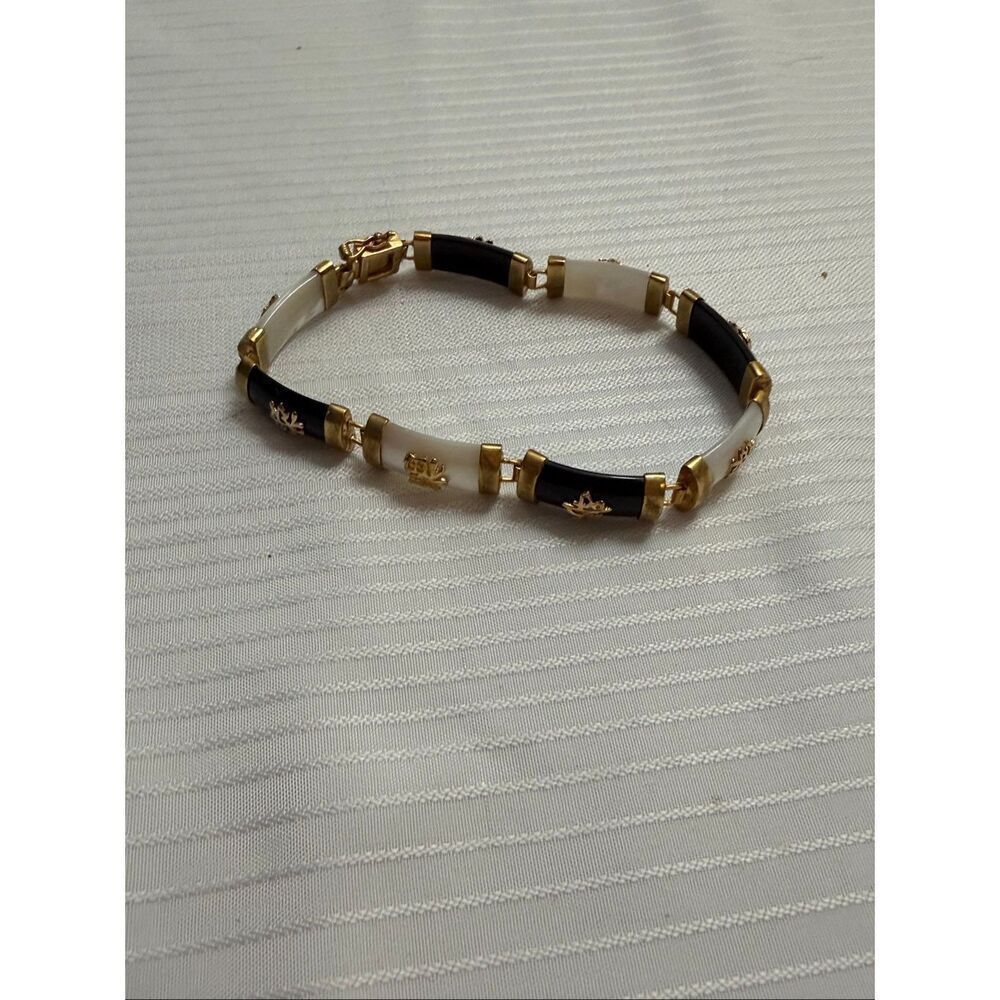 ONYX MOTHER OF PEARL GOLD VINTAGE BRACELET ORIENTAL MOTIF 8 Symbols - Picture 8 of 10